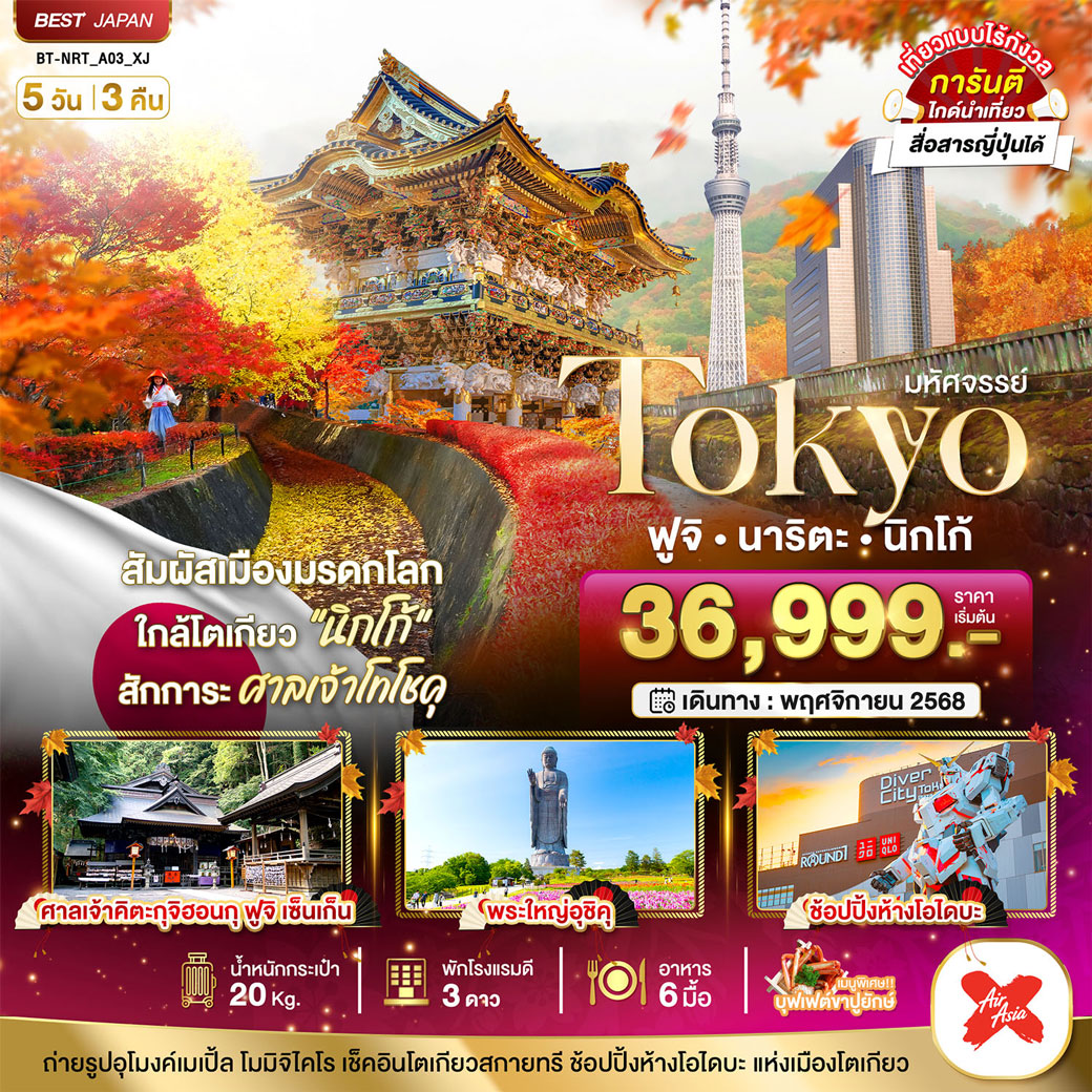 ทัวร์ญี่ปุ่น มหัศจรรย์...TOKYO ฟูจิ นาริตะ นิกโก้ 5วัน 3คืน (XJ)